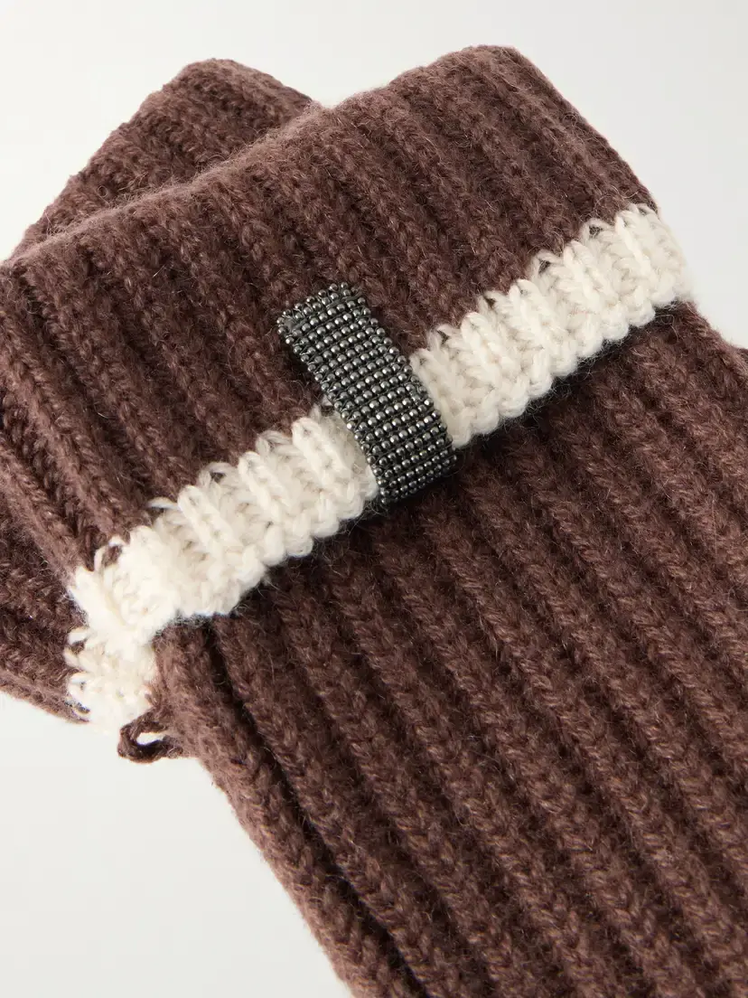 Brunello Cucinelli Bead-embellished Striped Ribbed Cashmere Mittens | Thumbnail 2 Brunello Cucinelli Bead-embellished Striped Ribbed Cashmere Mittens | Thumbnail 2