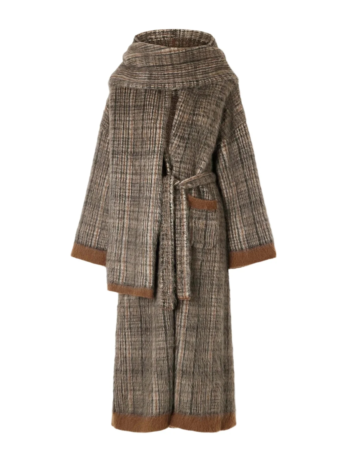 Brunello Cucinelli Scarf-detailed Belted Checked Brushed Wool-blend Coat