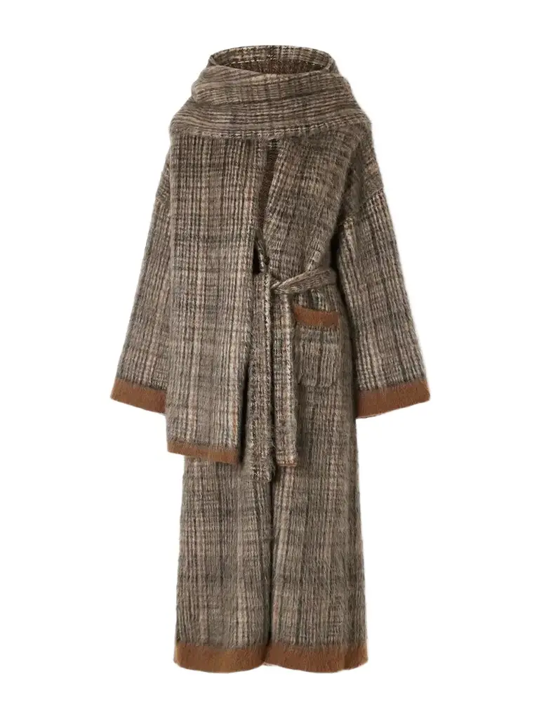 Brunello Cucinelli Scarf-detailed Belted Checked Brushed Wool-blend Coat | Image 1 Brunello Cucinelli Scarf-detailed Belted Checked Brushed Wool-blend Coat | Image 1