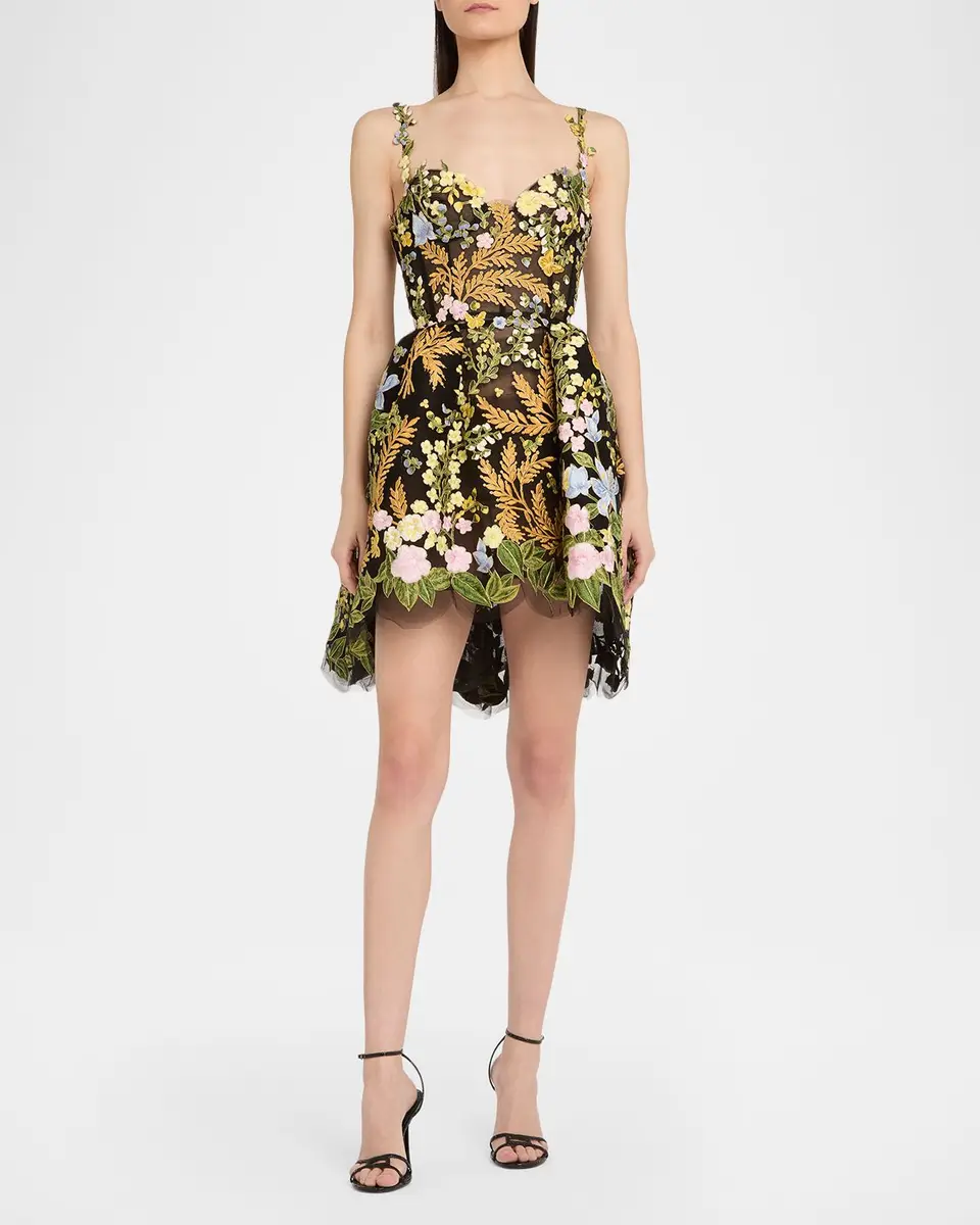 Oscar de la Renta Mixed Botanical Embroidered Tulle High-Low Bustier Dress | Thumbnail 2 Oscar de la Renta Mixed Botanical Embroidered Tulle High-Low Bustier Dress | Thumbnail 2