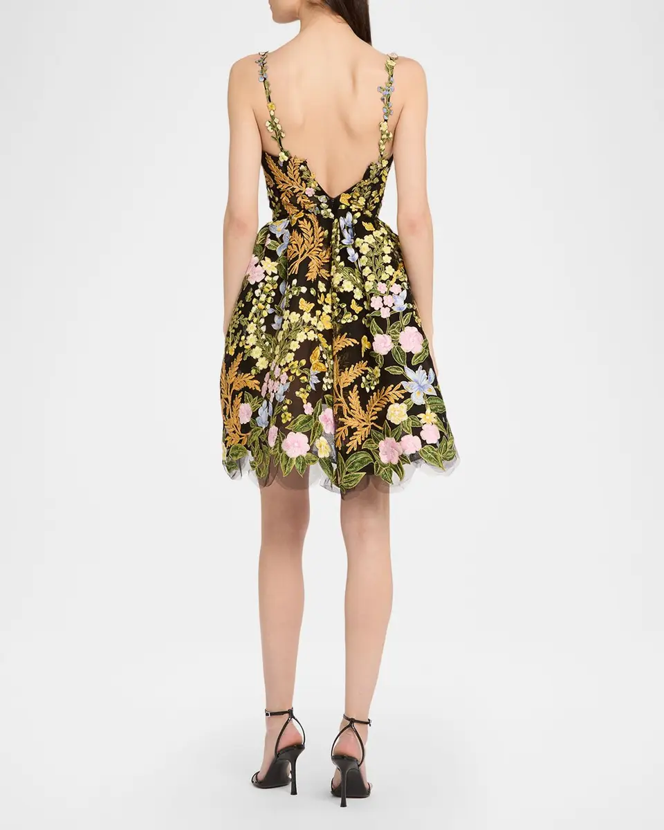 Oscar de la Renta Mixed Botanical Embroidered Tulle High-Low Bustier Dress | Thumbnail 3 Oscar de la Renta Mixed Botanical Embroidered Tulle High-Low Bustier Dress | Thumbnail 3