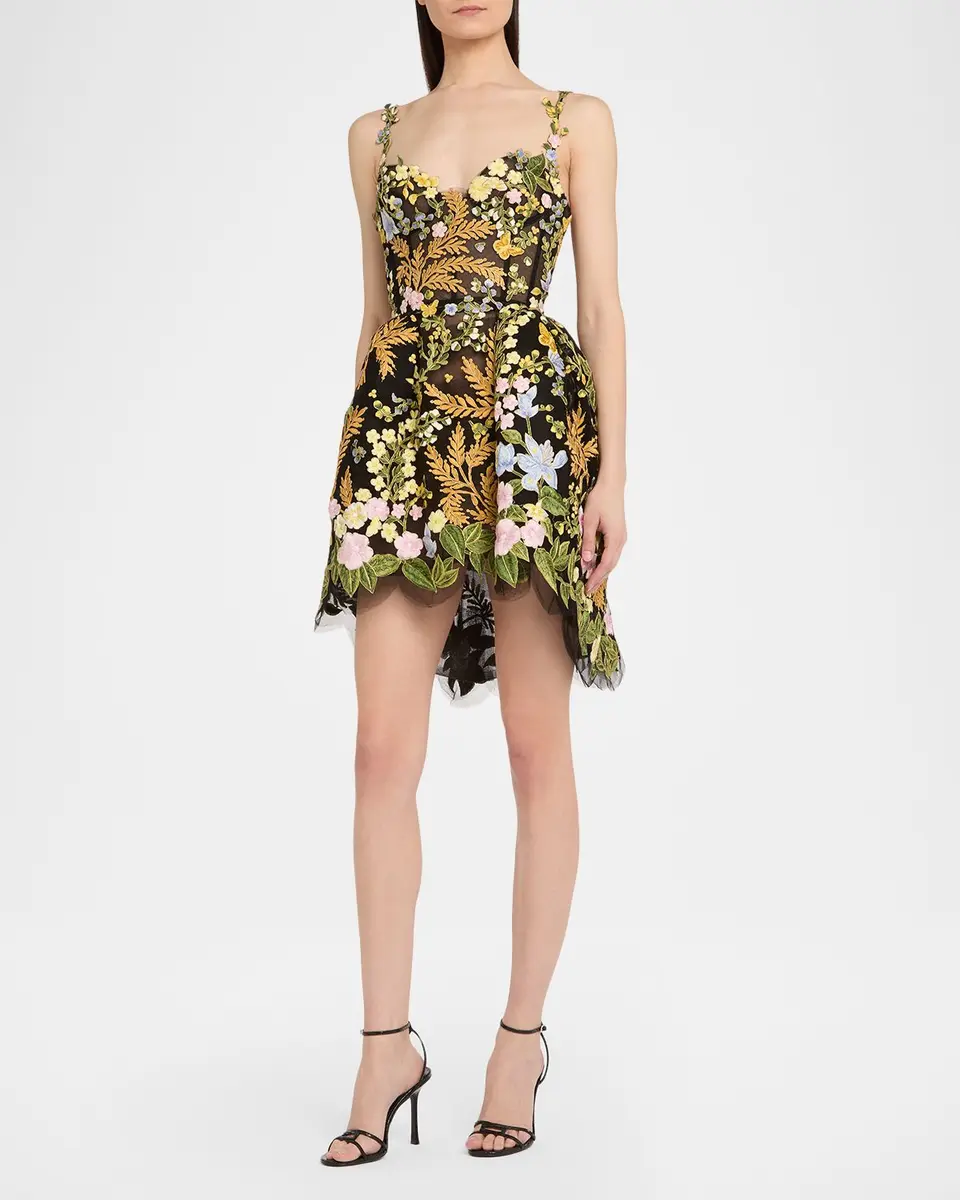 Oscar de la Renta Mixed Botanical Embroidered Tulle High-Low Bustier Dress | Thumbnail 4 Oscar de la Renta Mixed Botanical Embroidered Tulle High-Low Bustier Dress | Thumbnail 4