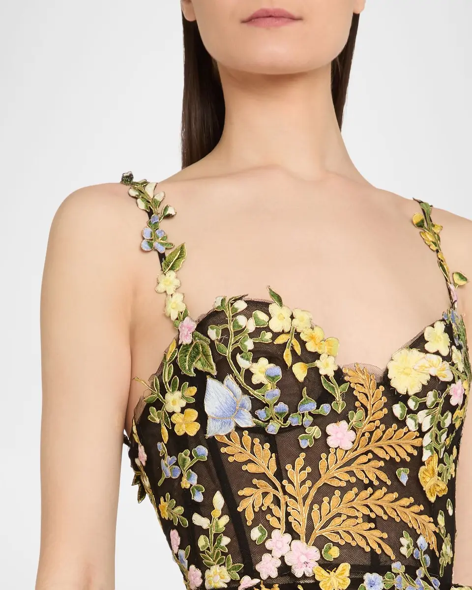 Oscar de la Renta Mixed Botanical Embroidered Tulle High-Low Bustier Dress | Thumbnail 5 Oscar de la Renta Mixed Botanical Embroidered Tulle High-Low Bustier Dress | Thumbnail 5