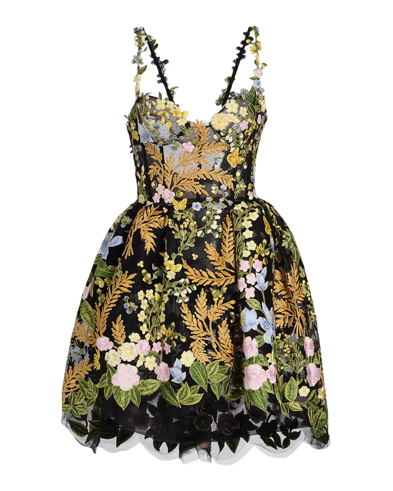 Mixed Botanical Embroidered Tulle High-Low Bustier Dress