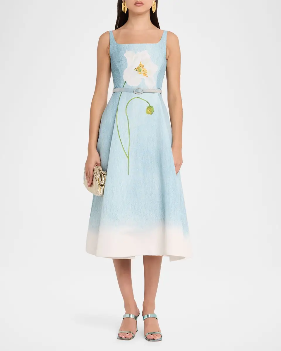 Oscar de la Renta Sleeveless Scoop-Neck Peony Faille Midi Day Dress | Thumbnail 2 Oscar de la Renta Sleeveless Scoop-Neck Peony Faille Midi Day Dress | Thumbnail 2