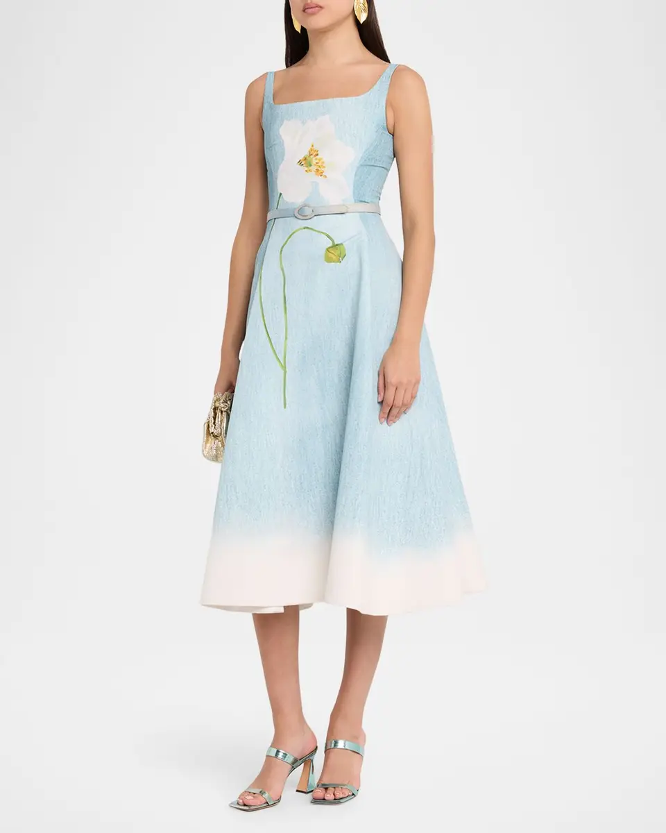 Oscar de la Renta Sleeveless Scoop-Neck Peony Faille Midi Day Dress | Thumbnail 4 Oscar de la Renta Sleeveless Scoop-Neck Peony Faille Midi Day Dress | Thumbnail 4
