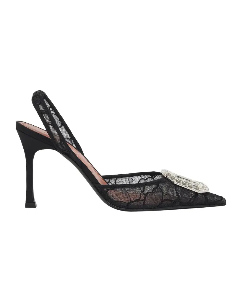 Amina Muaddi Camelia Lace Crystal Slingback Pumps