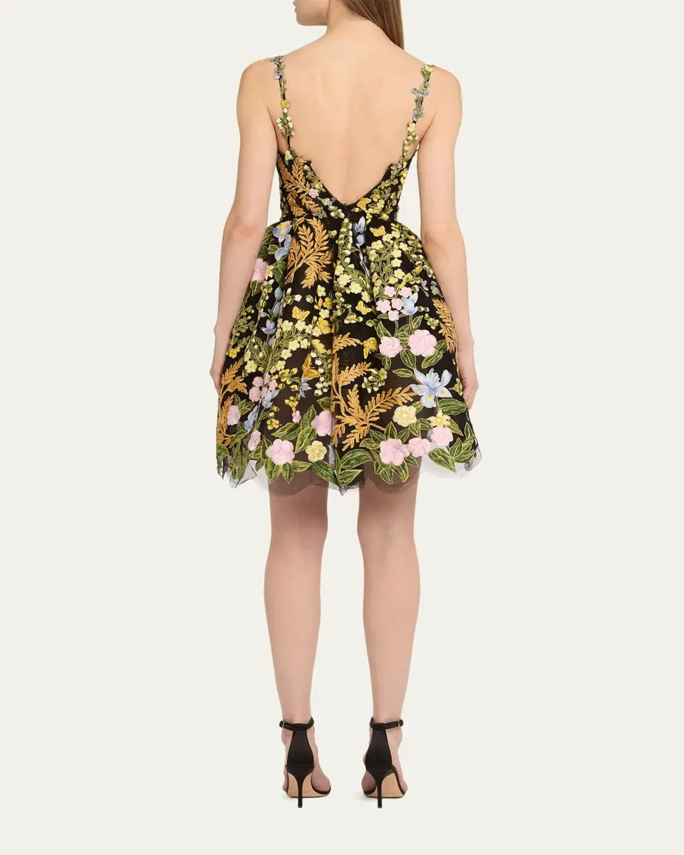 Oscar de la Renta Mixed Botanical Embroidered Tulle High-Low Bustier Dress | Thumbnail 3 Oscar de la Renta Mixed Botanical Embroidered Tulle High-Low Bustier Dress | Thumbnail 3
