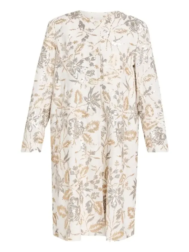 Single-Breasted Floral Sequined Collarless Car Coat