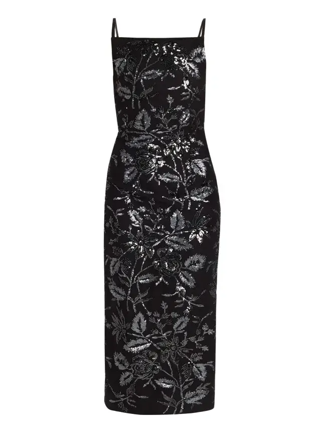 Square-Neck Floral Sequined Midi Dress Square-Neck Floral Sequined Midi Dress