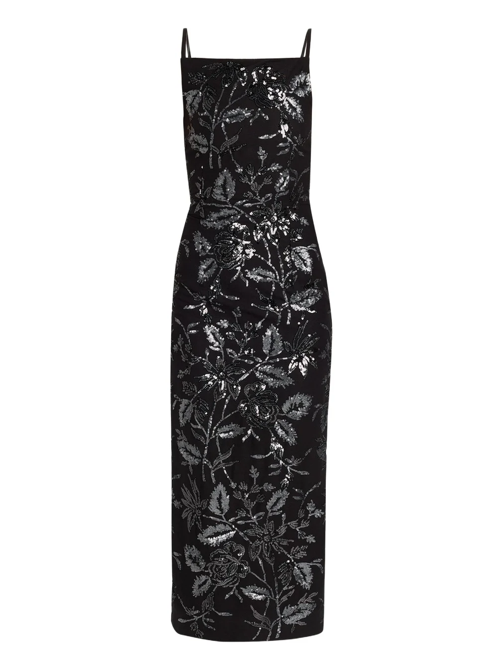 Square-Neck Floral Sequined Midi Dress