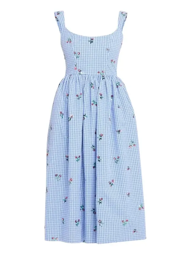 Nara Sequin Embroidered Check Fit-And-Flare Midi Dress Nara Sequin Embroidered Check Fit-And-Flare Midi Dress