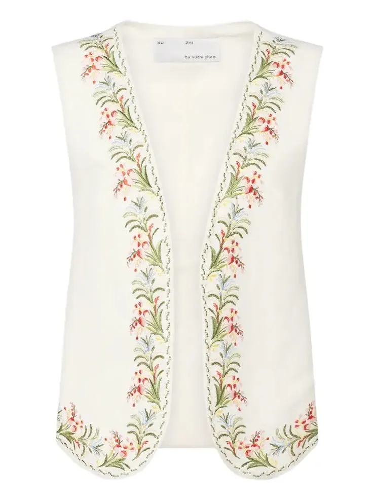 Embroidered silk and linen vest
