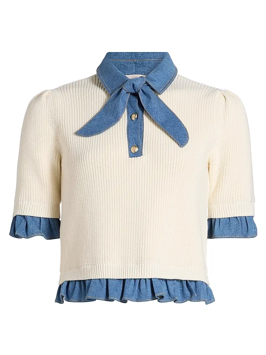 Cinq à Sept Women's Shelly Denim-Trimmed Sweater - Ivory Light Wash - Size XL | Image 1 Cinq à Sept Women's Shelly Denim-Trimmed Sweater - Ivory Light Wash - Size XL | Image 1