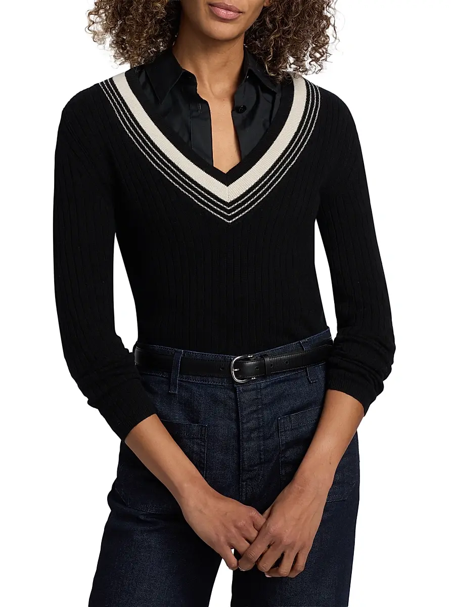 Nili Lotan Women's Aziel Striped Cashmere V-Neck Sweater | Thumbnail 3 Nili Lotan Women's Aziel Striped Cashmere V-Neck Sweater | Thumbnail 3
