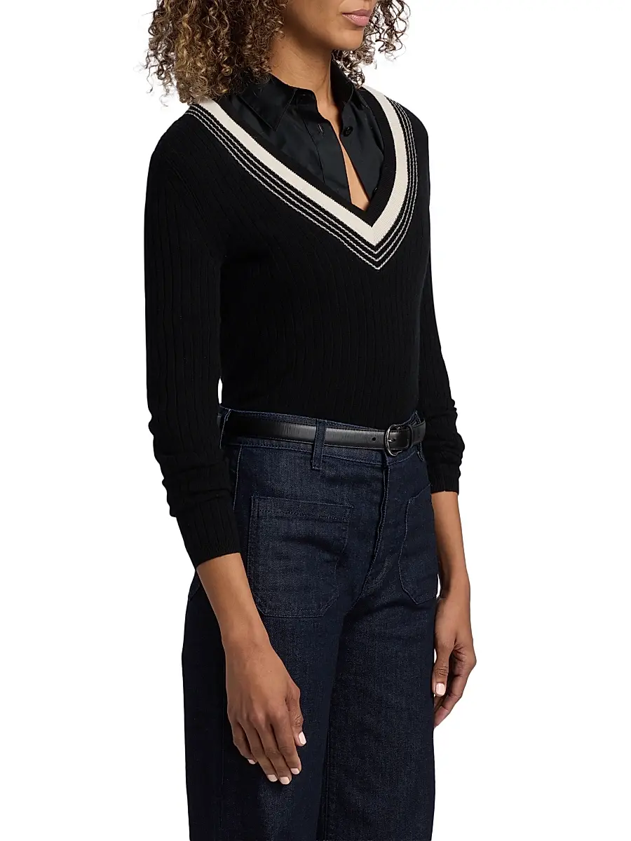 Nili Lotan Women's Aziel Striped Cashmere V-Neck Sweater | Thumbnail 4 Nili Lotan Women's Aziel Striped Cashmere V-Neck Sweater | Thumbnail 4