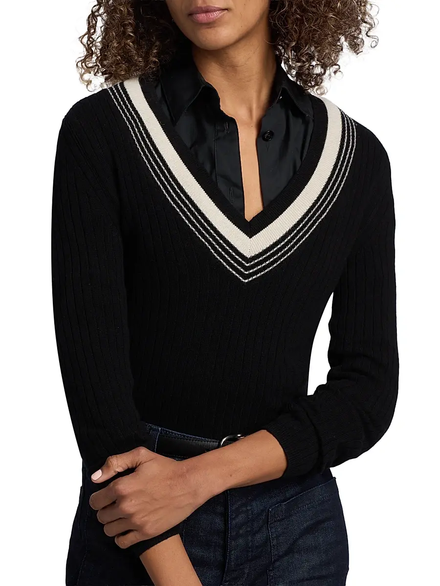 Nili Lotan Women's Aziel Striped Cashmere V-Neck Sweater | Thumbnail 6 Nili Lotan Women's Aziel Striped Cashmere V-Neck Sweater | Thumbnail 6