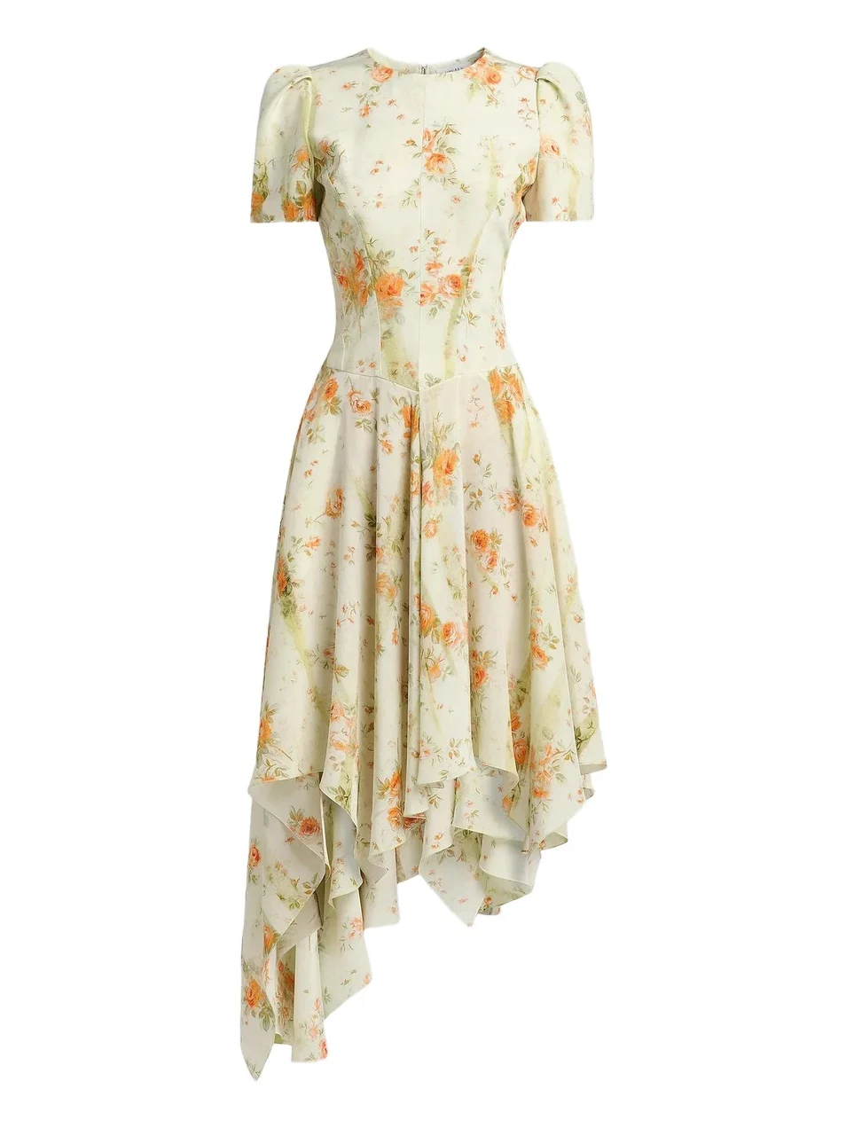 Alexander McQueen Women's Puff-Sleeve Asymmetric-Hem Silk Midi Dress