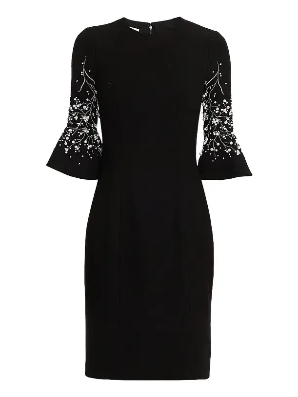 Women's Crepe Flounce-Cuff Flower Pearl-Embellished Dress Women's Crepe Flounce-Cuff Flower Pearl-Embellished Dress