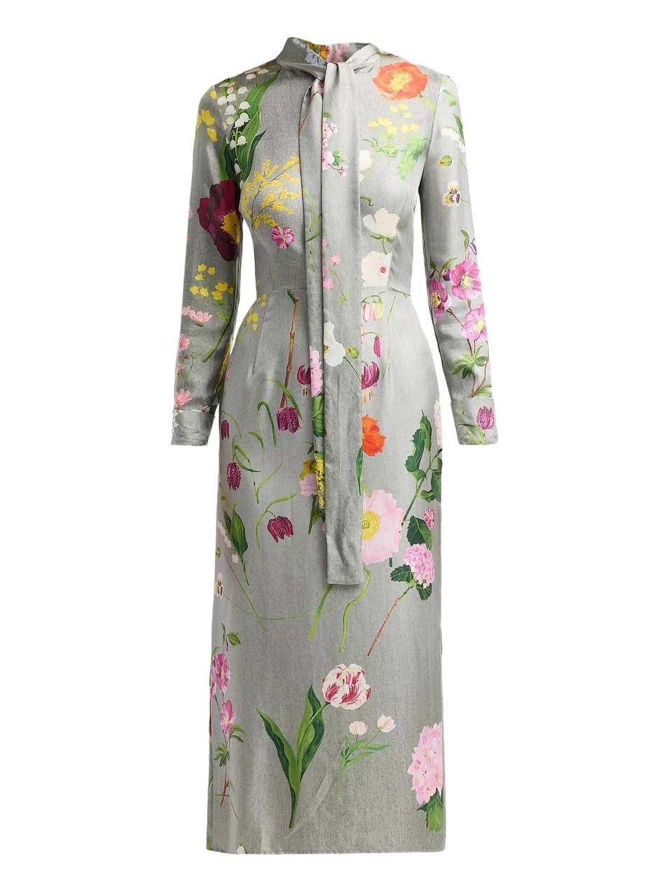 Women's Mixed Botanical Silk Long-Sleeve Midi Dress Women's Mixed Botanical Silk Long-Sleeve Midi Dress