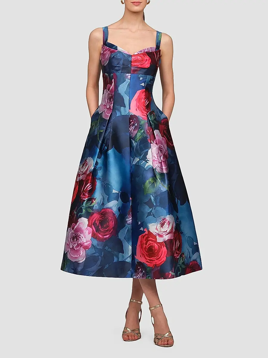 Kay Unger Women's Adria Floral Satin Tea-Length Dress | Thumbnail 2 Kay Unger Women's Adria Floral Satin Tea-Length Dress | Thumbnail 2