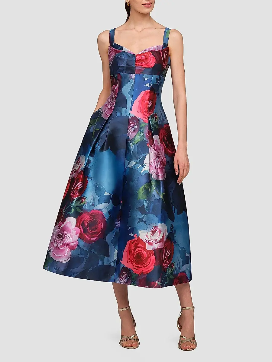 Kay Unger Women's Adria Floral Satin Tea-Length Dress | Thumbnail 3 Kay Unger Women's Adria Floral Satin Tea-Length Dress | Thumbnail 3
