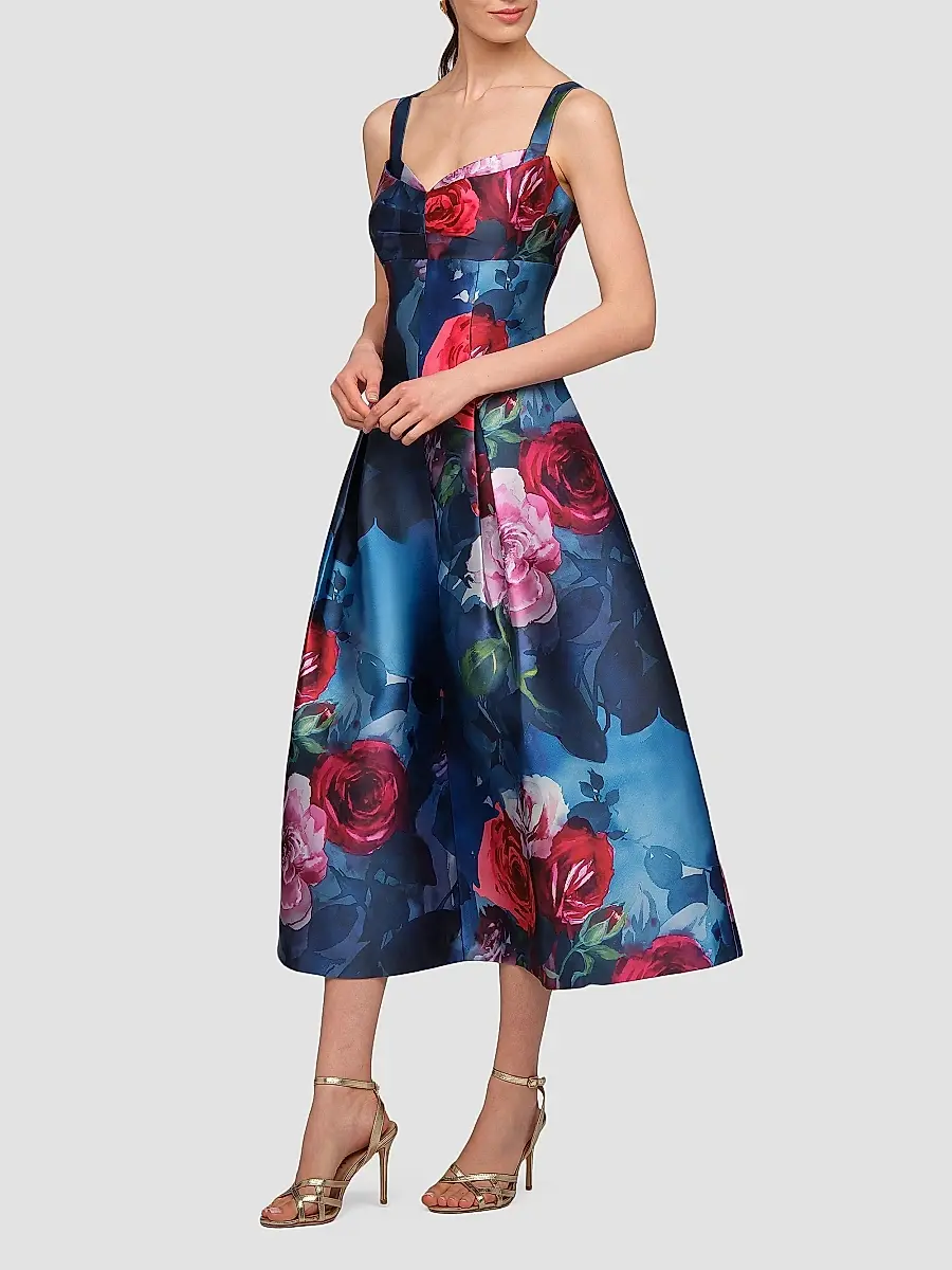 Kay Unger Women's Adria Floral Satin Tea-Length Dress | Thumbnail 4 Kay Unger Women's Adria Floral Satin Tea-Length Dress | Thumbnail 4