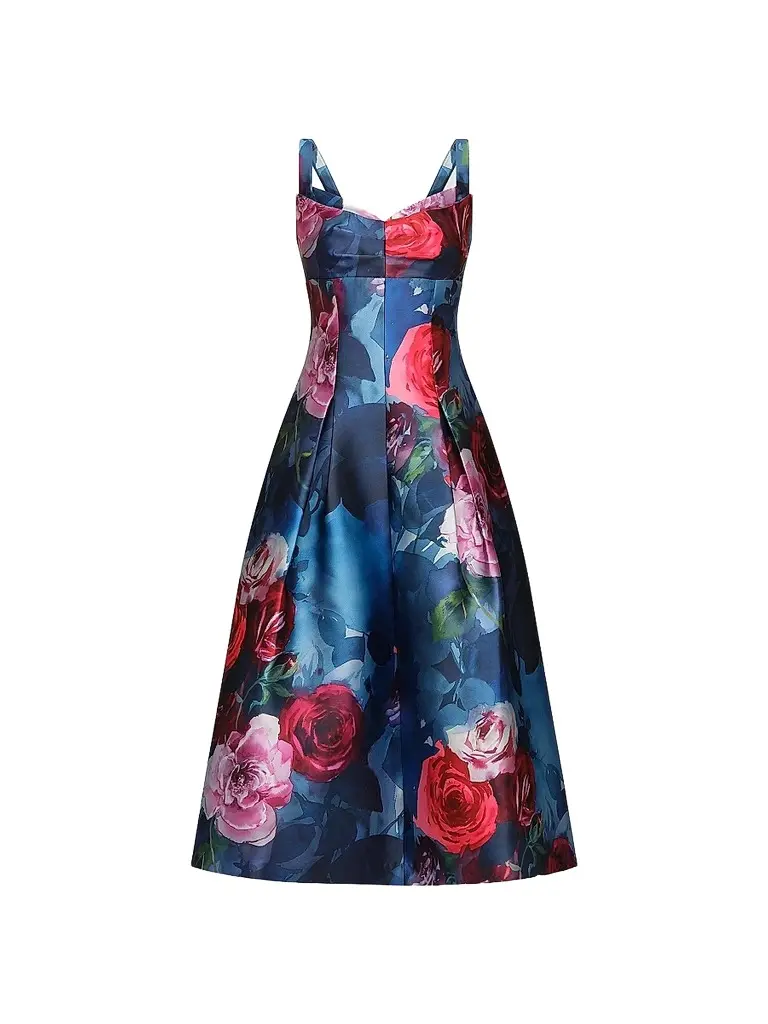 Kay Unger Women's Adria Floral Satin Tea-Length Dress - Ink Blue Multi | Image 1 Kay Unger Women's Adria Floral Satin Tea-Length Dress - Ink Blue Multi | Image 1