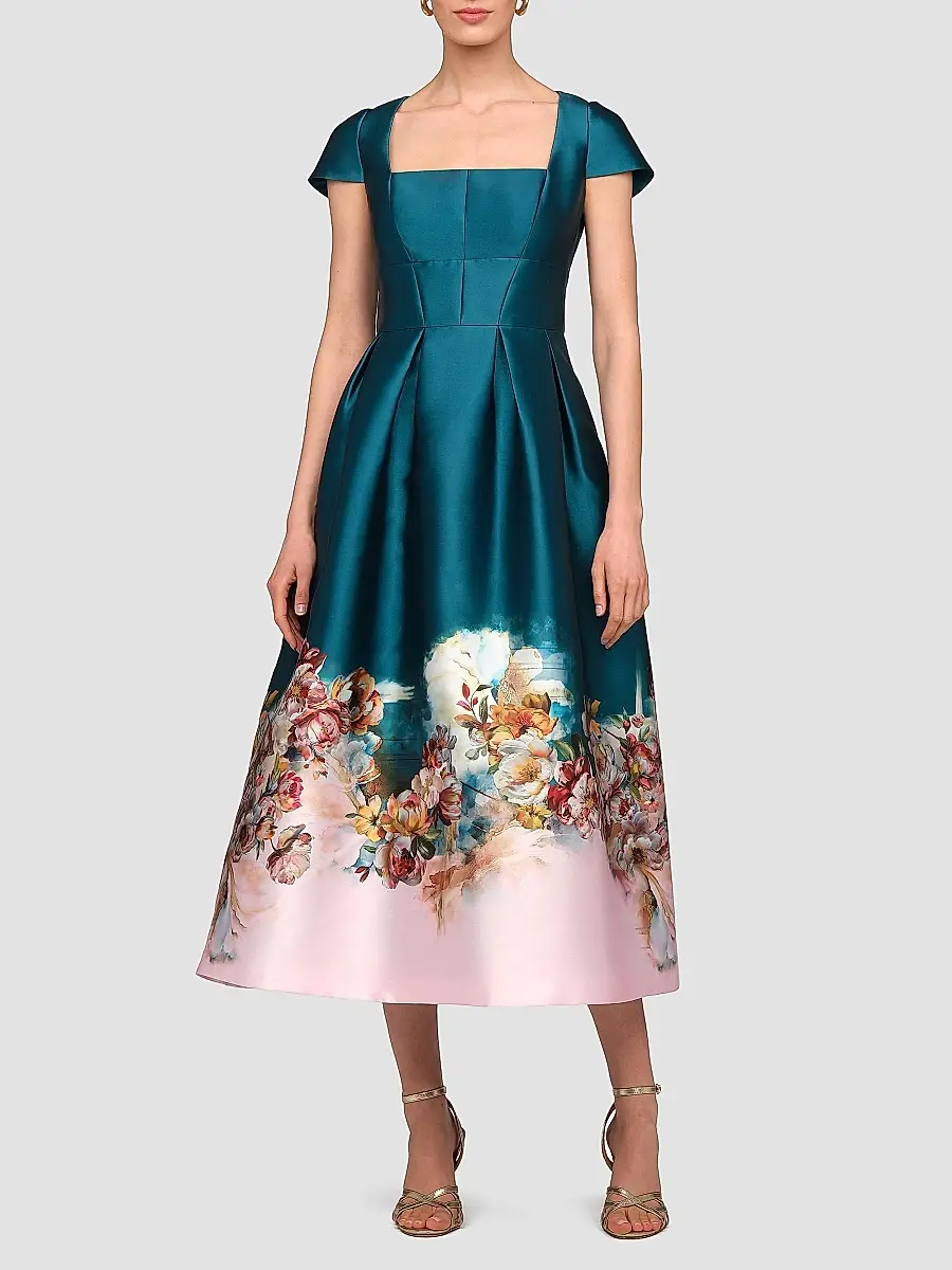 Kay Unger Women's Amaya Satin Floral-Hem Tea-Length Dress | Thumbnail 2 Kay Unger Women's Amaya Satin Floral-Hem Tea-Length Dress | Thumbnail 2