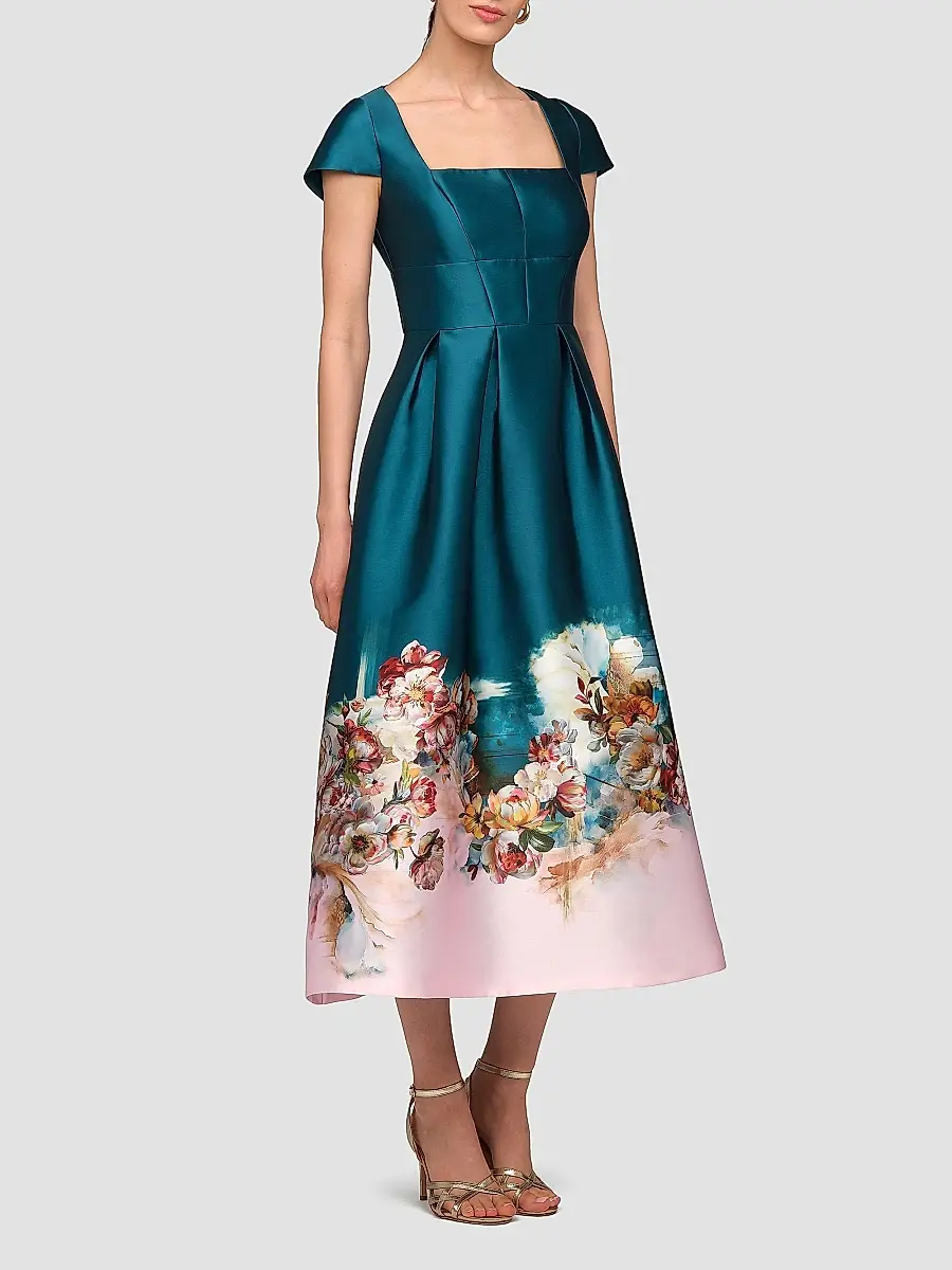 Kay Unger Women's Amaya Satin Floral-Hem Tea-Length Dress | Thumbnail 3 Kay Unger Women's Amaya Satin Floral-Hem Tea-Length Dress | Thumbnail 3