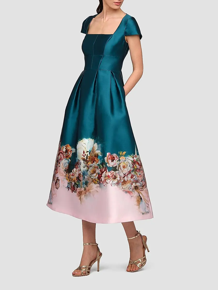 Kay Unger Women's Amaya Satin Floral-Hem Tea-Length Dress | Thumbnail 4 Kay Unger Women's Amaya Satin Floral-Hem Tea-Length Dress | Thumbnail 4