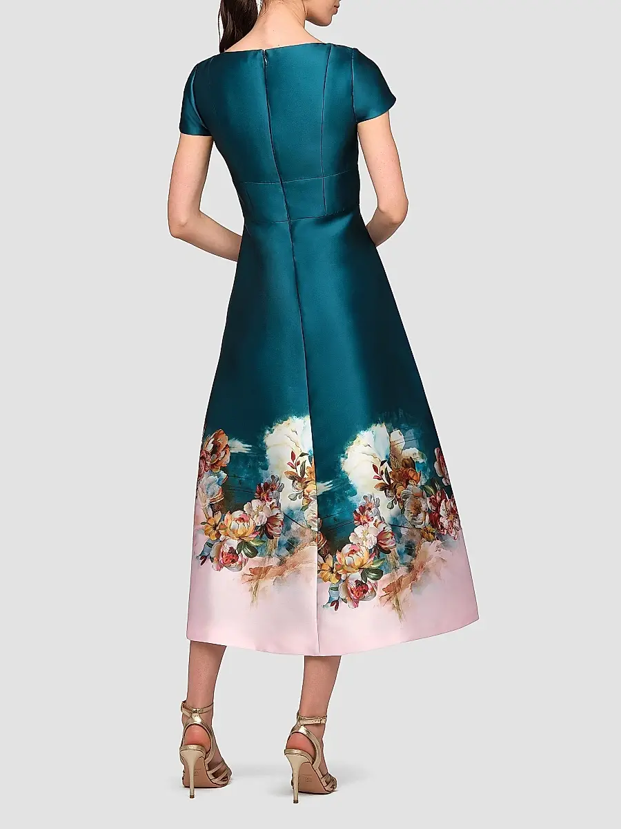 Kay Unger Women's Amaya Satin Floral-Hem Tea-Length Dress | Thumbnail 5 Kay Unger Women's Amaya Satin Floral-Hem Tea-Length Dress | Thumbnail 5