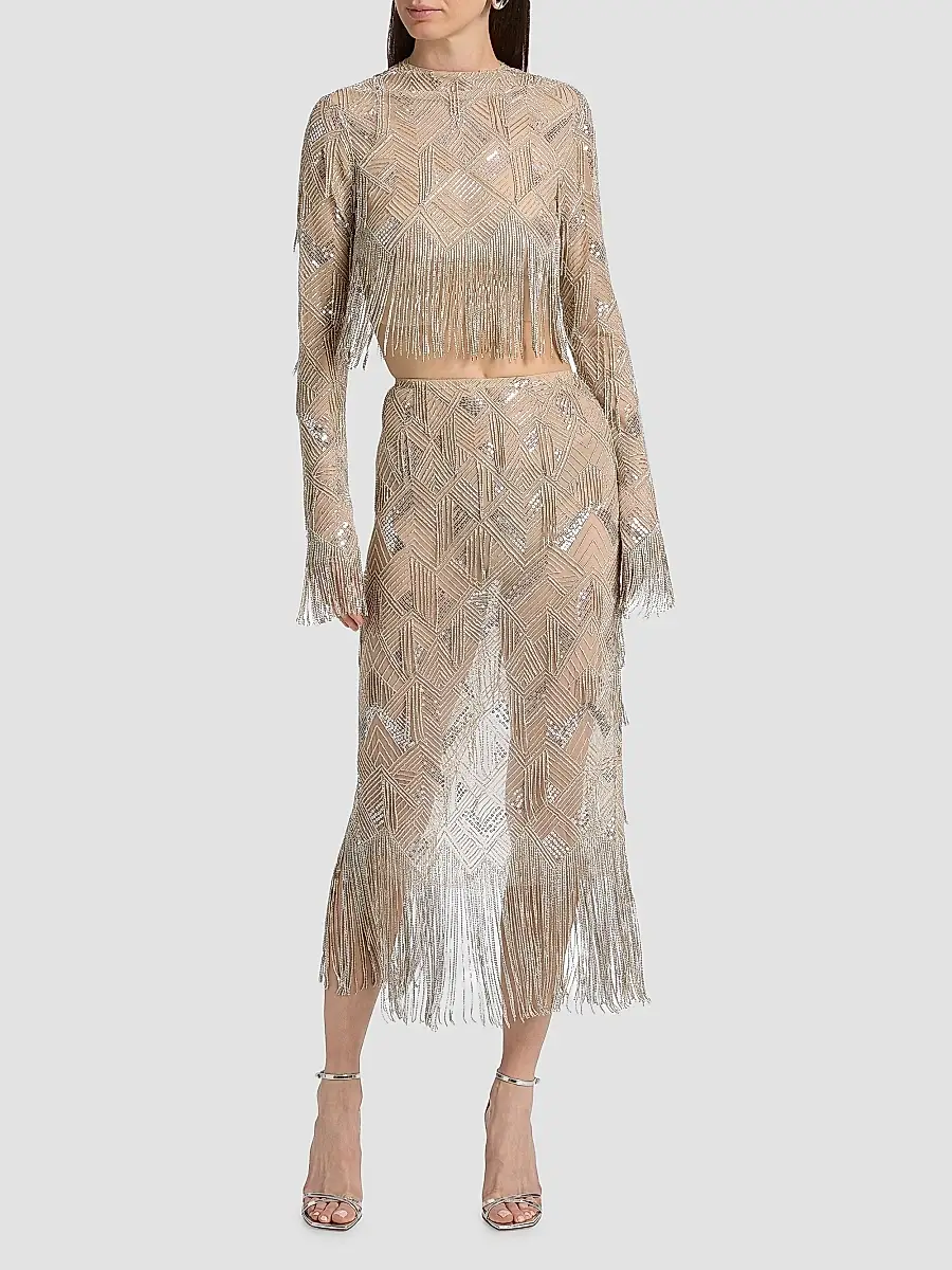 Lapointe Women's Geometric Crystal Fringe Crop Top | Thumbnail 2