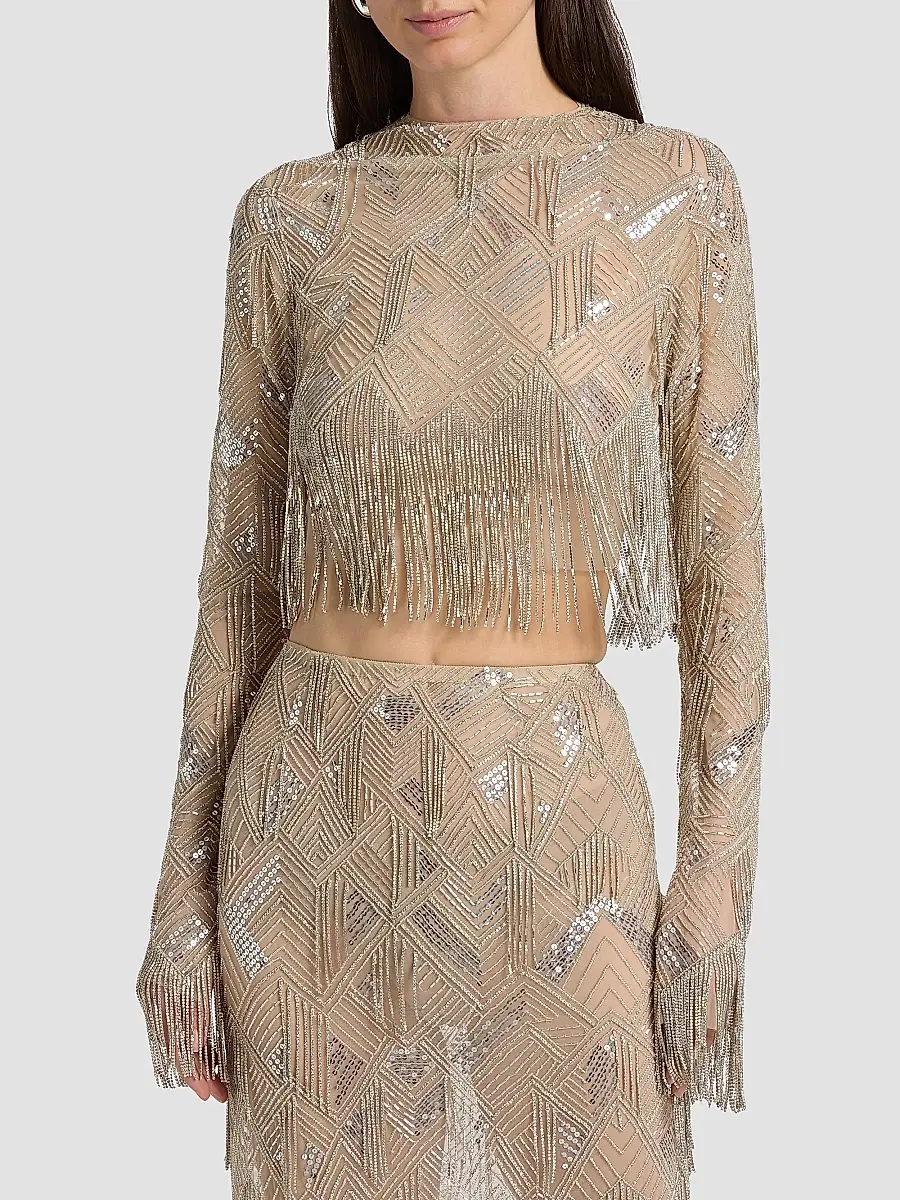 Lapointe Women's Geometric Crystal Fringe Crop Top | Thumbnail 3
