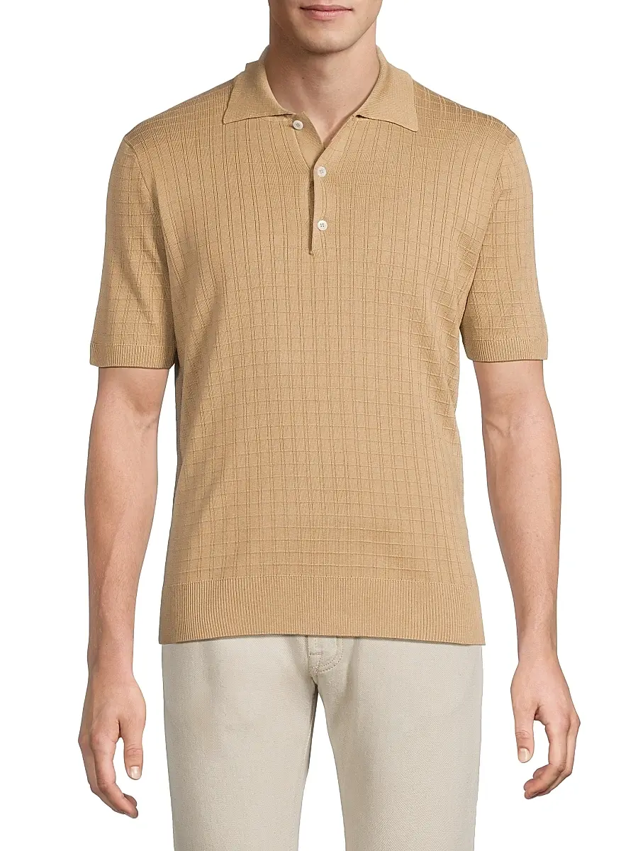 Canali Men's Grid Silk-Cotton Polo Shirt | Thumbnail 3 Canali Men's Grid Silk-Cotton Polo Shirt | Thumbnail 3