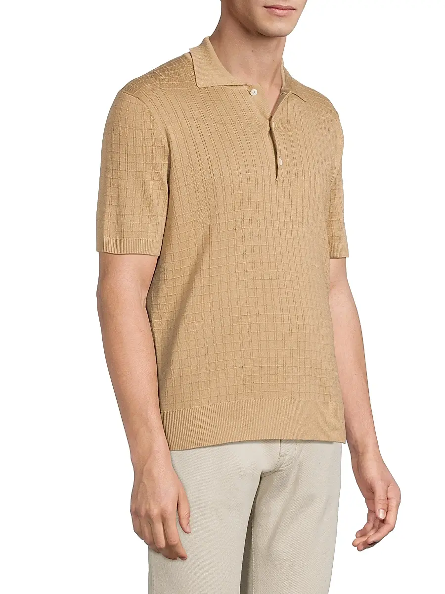 Canali Men's Grid Silk-Cotton Polo Shirt | Thumbnail 4 Canali Men's Grid Silk-Cotton Polo Shirt | Thumbnail 4