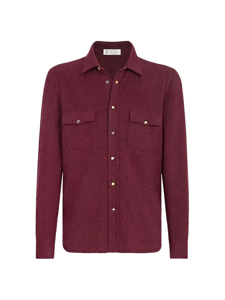 Brunello Cucinelli Men's Virgin Wool, Cashmere and Silk Knit Shirt - Burgundy | Image 1 Brunello Cucinelli Men's Virgin Wool, Cashmere and Silk Knit Shirt - Burgundy | Image 1