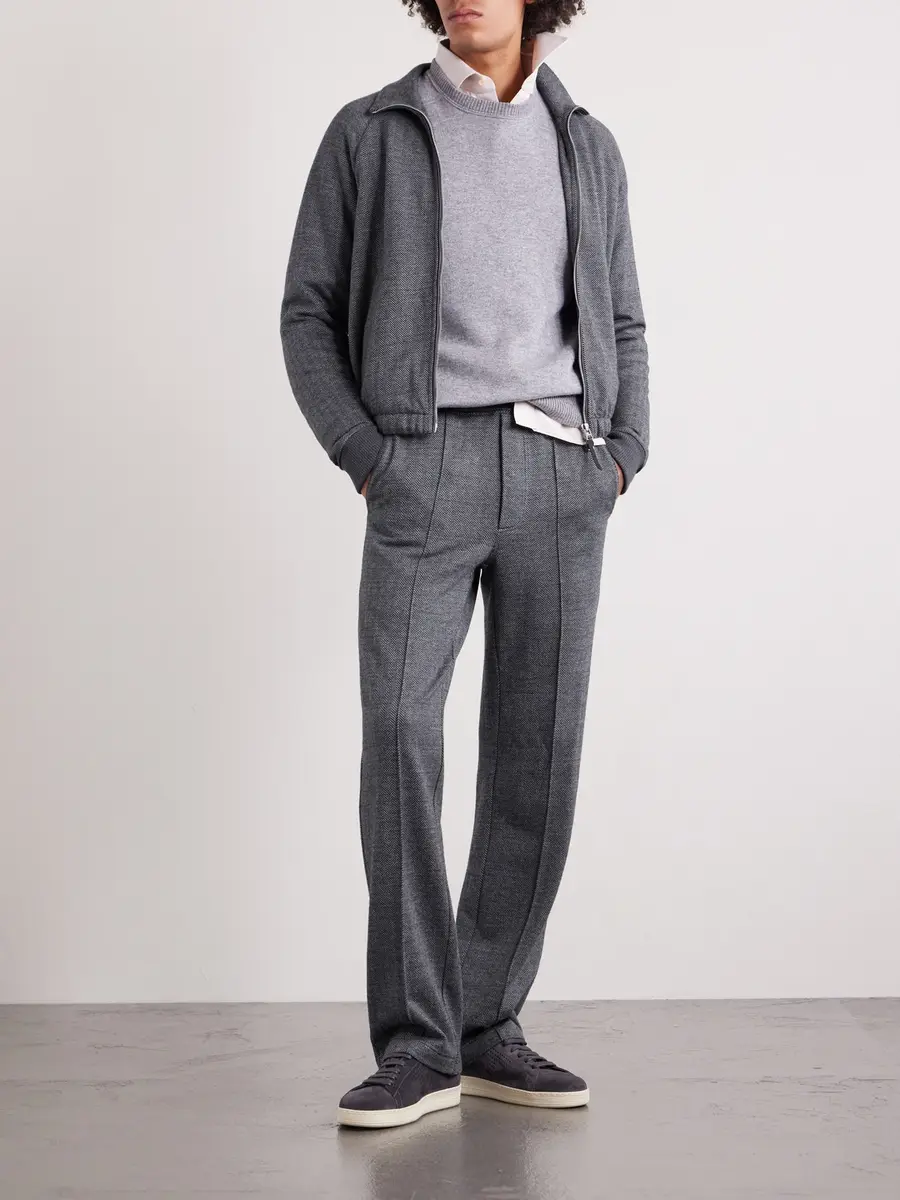 Tom Ford Straight-Leg Herringbone Cotton, Wool and Silk-Blend Drawstring Trousers - Men | Thumbnail 2