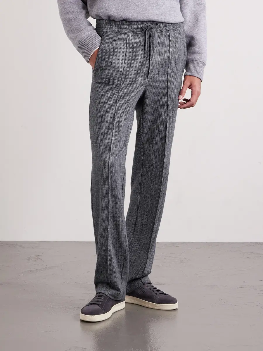 Tom Ford Straight-Leg Herringbone Cotton, Wool and Silk-Blend Drawstring Trousers - Men | Thumbnail 3
