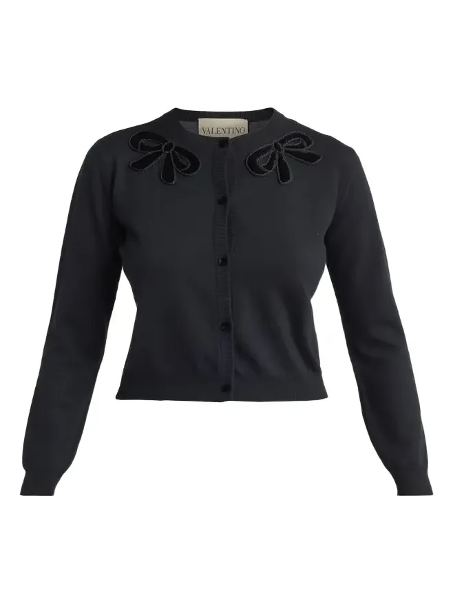 Velvet Bow Wool Crewneck Cardigan