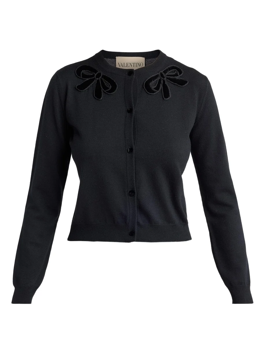 Valentino Garavani Velvet Bow Wool Crewneck Cardigan