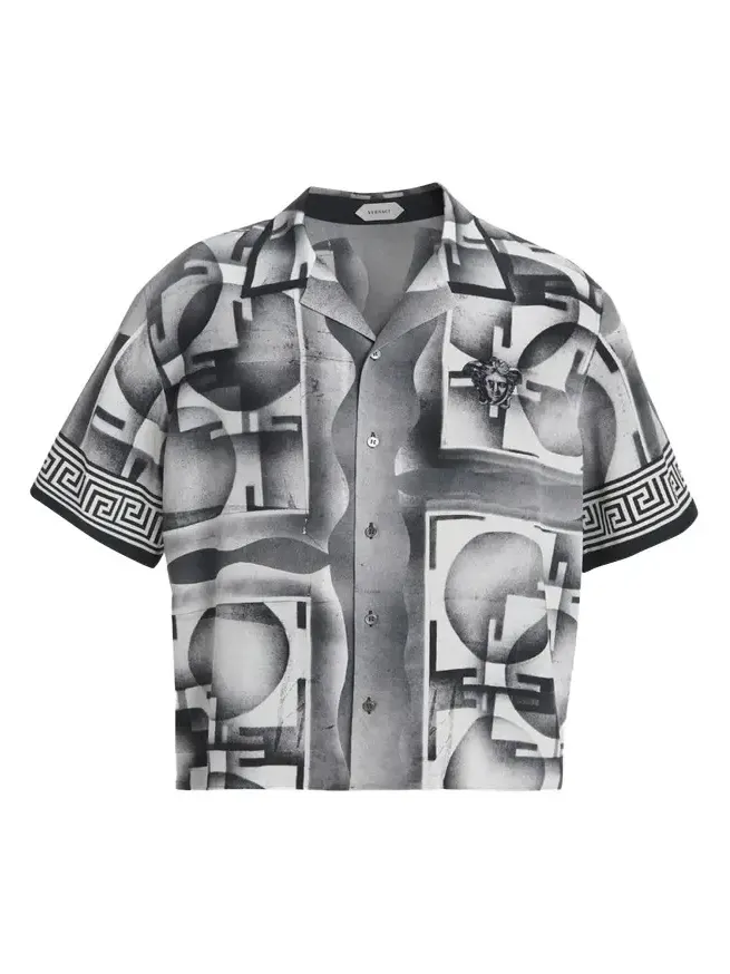 Men's Silk Abstract La Greca-Trim Camp Shirt