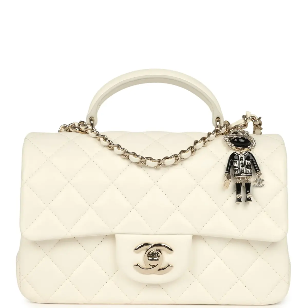 Chanel Chanel Mini Rectangular Flap Bag with Top Handle White Lambskin Light Gold Hardware | Image 1 Chanel Chanel Mini Rectangular Flap Bag with Top Handle White Lambskin Light Gold Hardware | Image 1