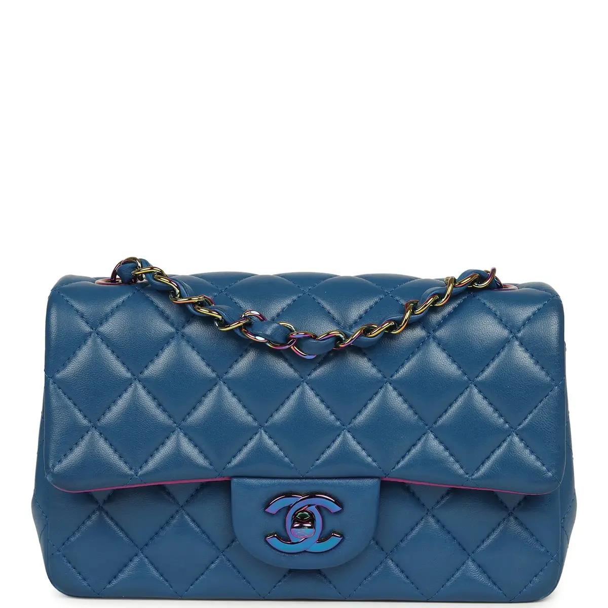 Chanel Pre-owned Chanel Mini Rectangular Flap Bag Blue, Purple Lambskin Rainbow Hardware | Image 1 Chanel Pre-owned Chanel Mini Rectangular Flap Bag Blue, Purple Lambskin Rainbow Hardware | Image 1