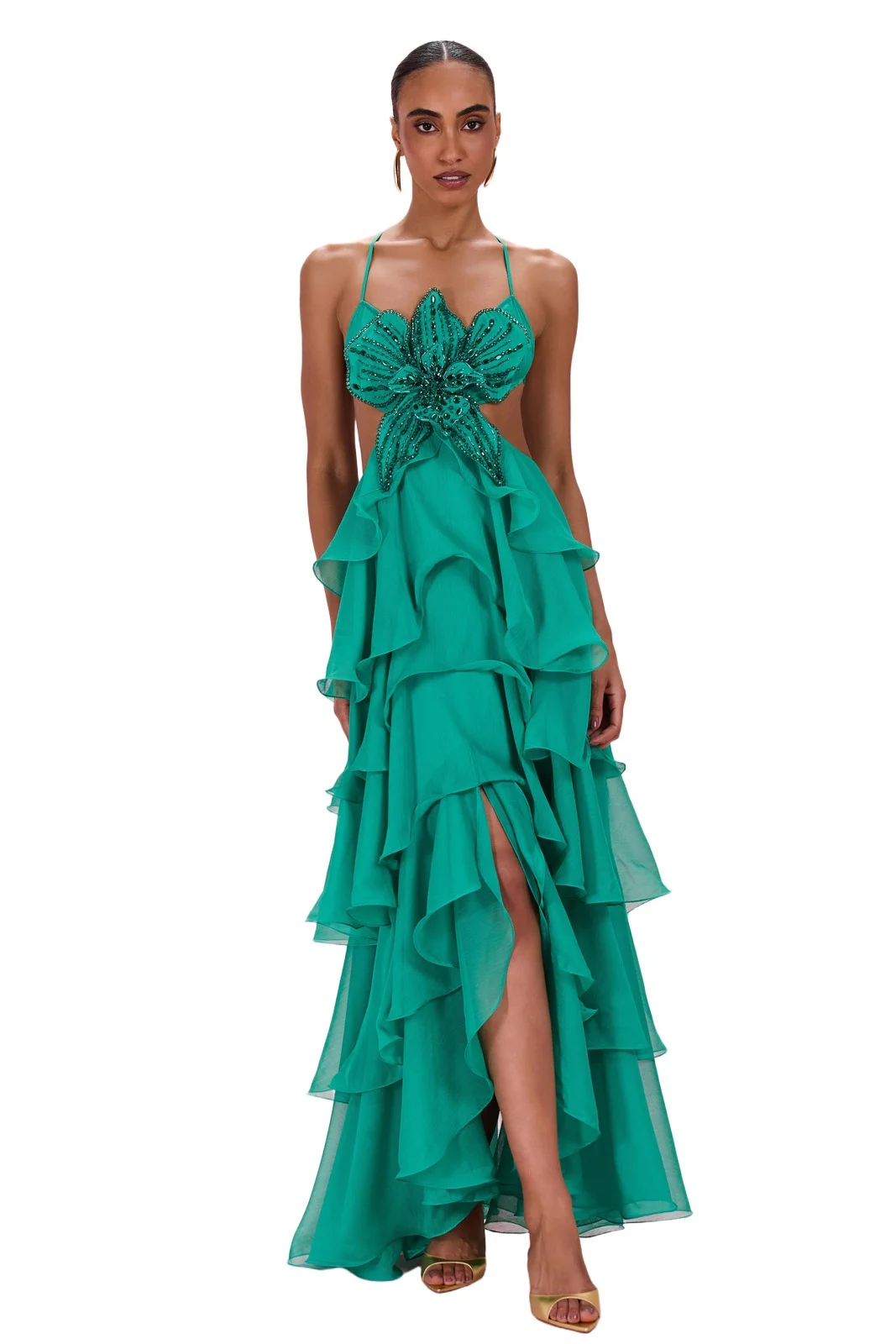 FLORAL CHIFFON EMBROIDERED GOWN