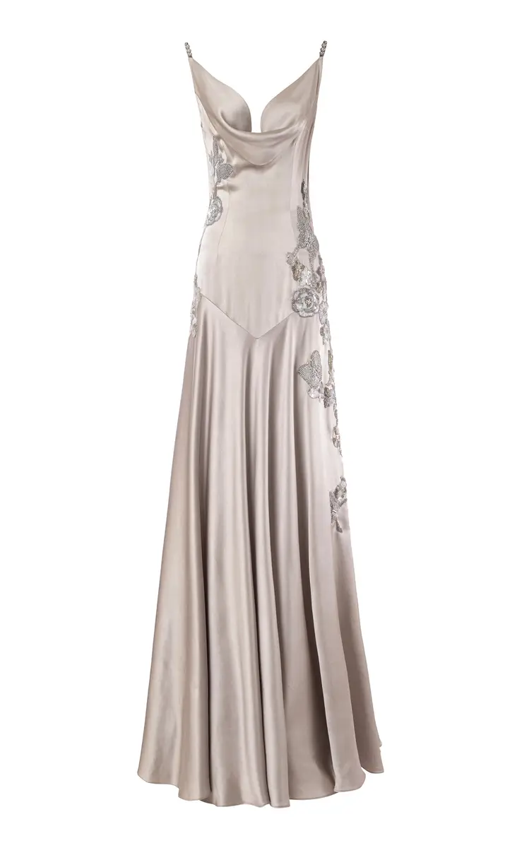 LA FUORI Hibiscus Red Embellished Silk Satin Bias Gown | Thumbnail 4