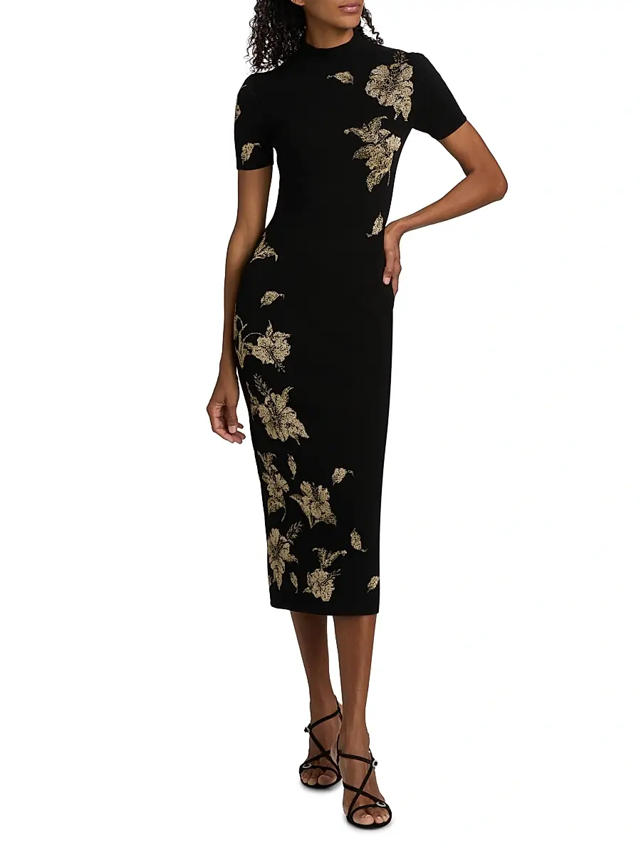 Oscar de la Renta Women's Hibiscus Metallic Jacquard Cocktail Dress | Thumbnail 2
