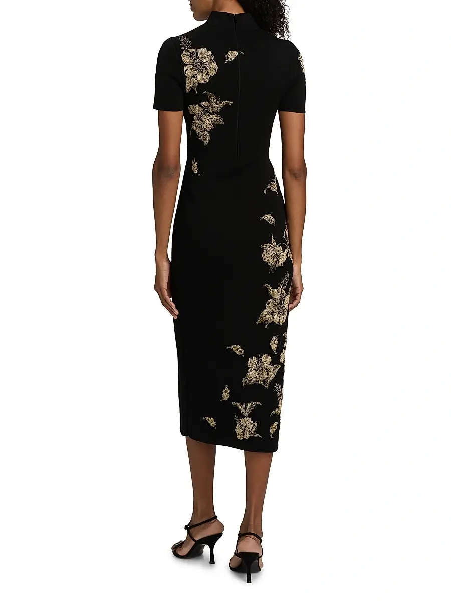 Oscar de la Renta Women's Hibiscus Metallic Jacquard Cocktail Dress | Thumbnail 5