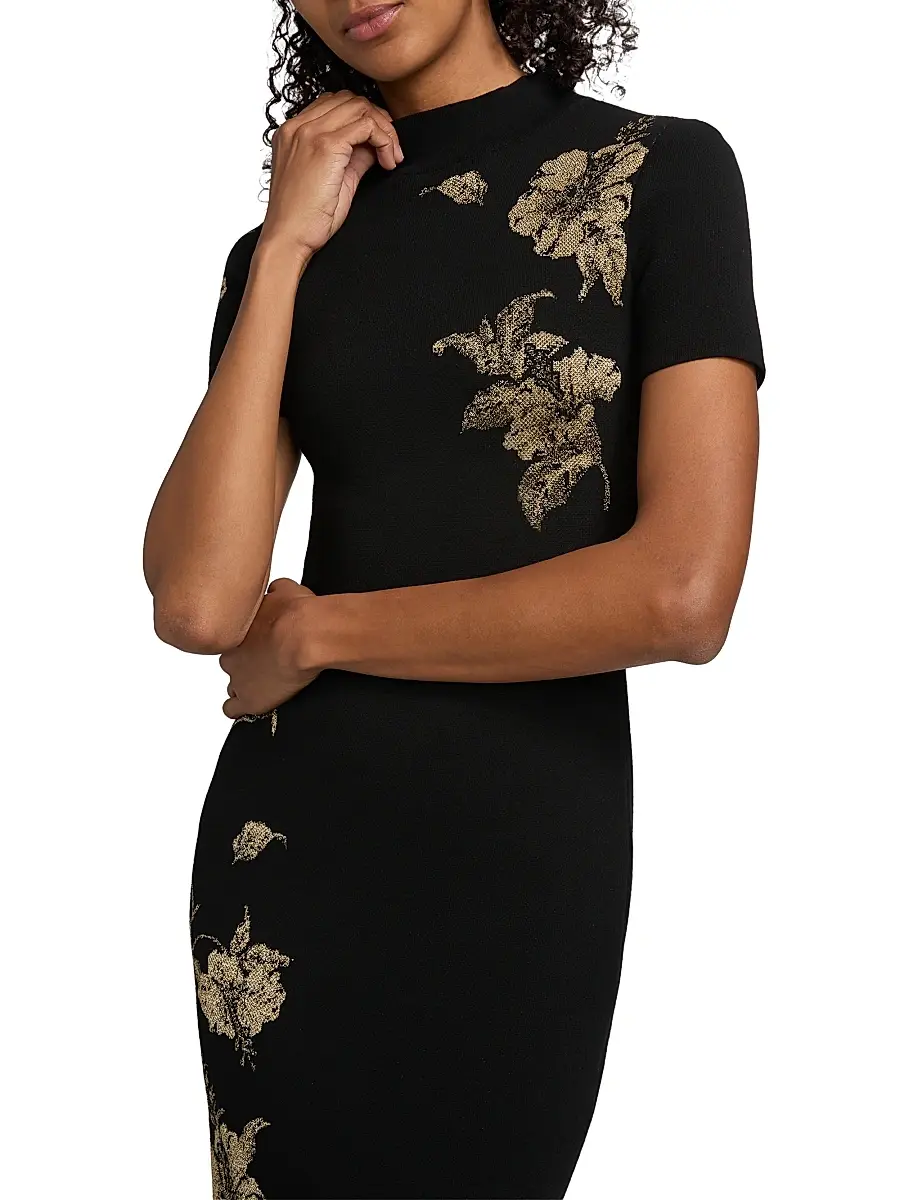 Oscar de la Renta Women's Hibiscus Metallic Jacquard Cocktail Dress | Thumbnail 6