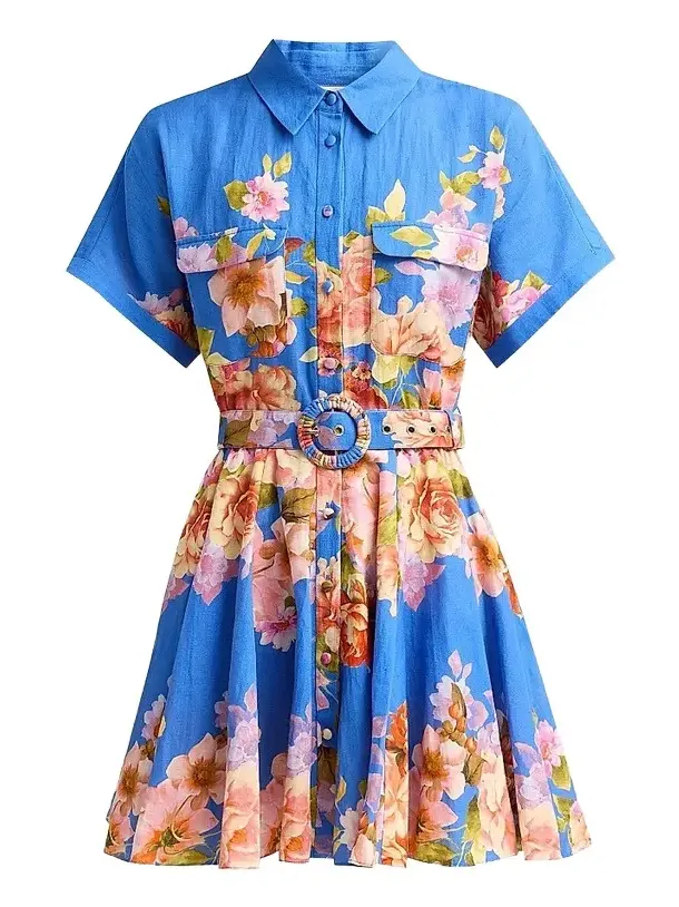 Women's Floral Linen-Cotton Belted Mini Shirtdress